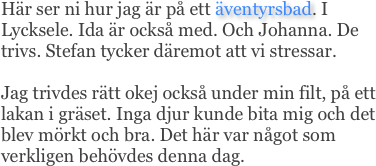 Här ser ni hur jag är på ett äventyrsbad. I Lycksele. Ida är också med. Och Johanna. De trivs. Stefan tycker däremot att vi stressar.

Jag trivdes rätt okej också under min filt, på ett lakan i gräset. Inga djur kunde bita mig och det blev mörkt och bra. Det här var något som verkligen behövdes denna dag. 
